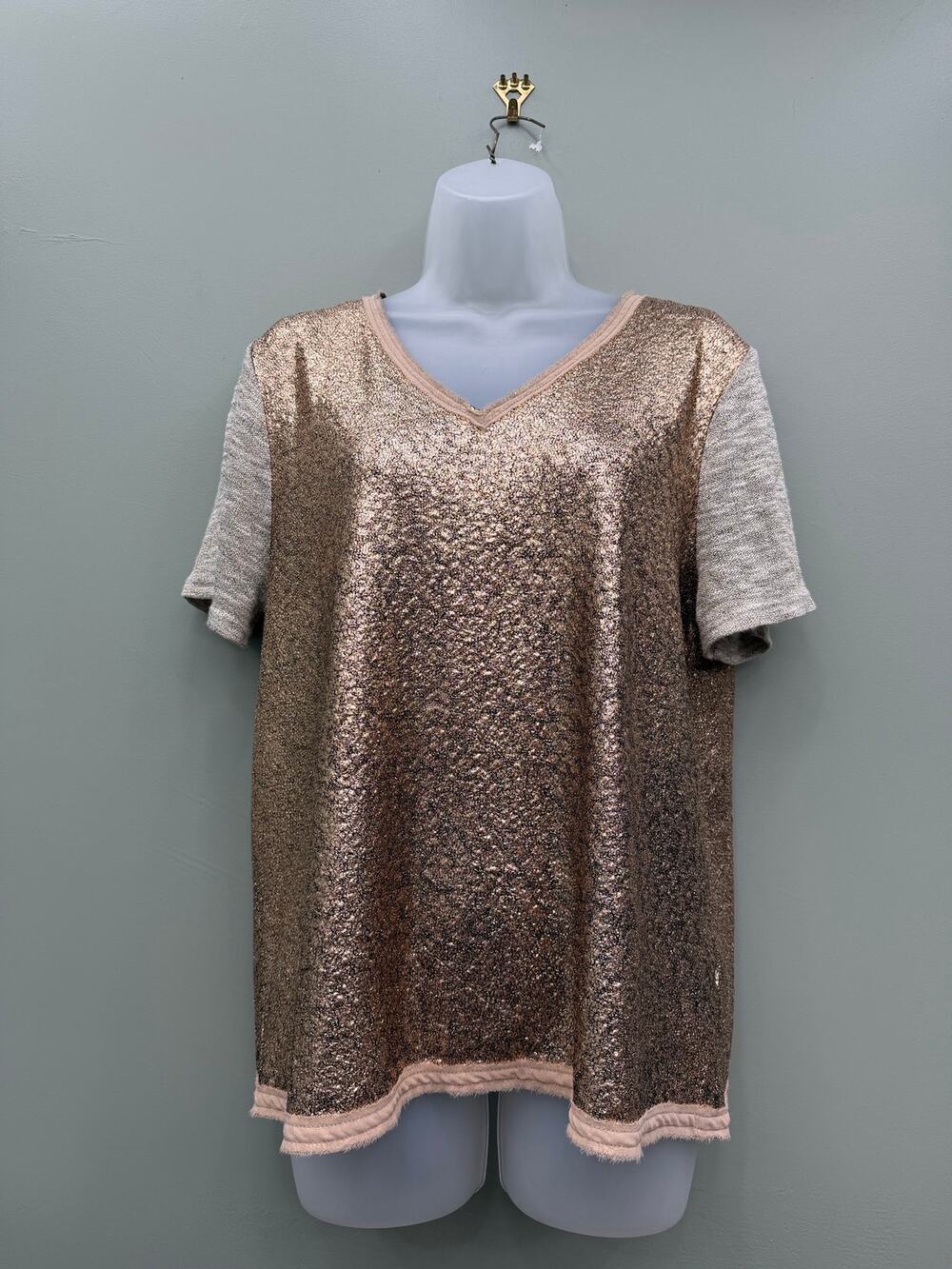 Metallic Gold Foil V Neck Top Large Holiday Party Office Siren Festive